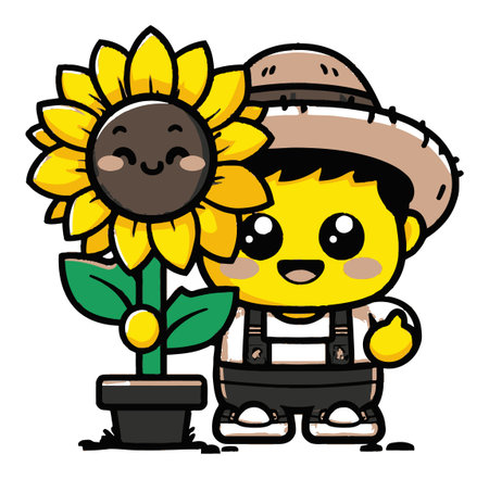 Adorable cartoon character stands beside a bright sunflower in a cheerful design. This vibrant illustration captures the joy of gardening and nature, perfect for playful themes.のイラスト素材