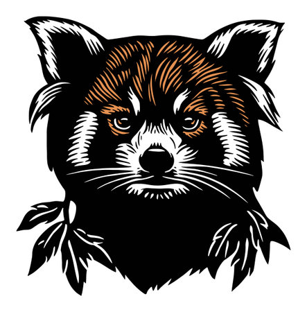 This striking illustration features a detailed raccoon face depicted in bold line art. The design incorporates natural elements like leaves, highlighting the creature's unique expression and personality.のイラスト素材