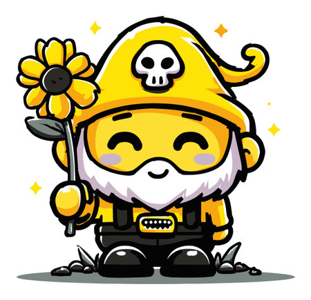 This cheerful cartoon gnome character features a bright yellow hat and a flower, radiating joy and playfulness. Perfect for whimsical designs and illustrations.のイラスト素材