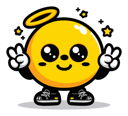 Adorable cartoon character featuring a smiling round face with a halo, wearing stylish sneakers and showing a peace sign. Perfect for fun designs!のイラスト素材