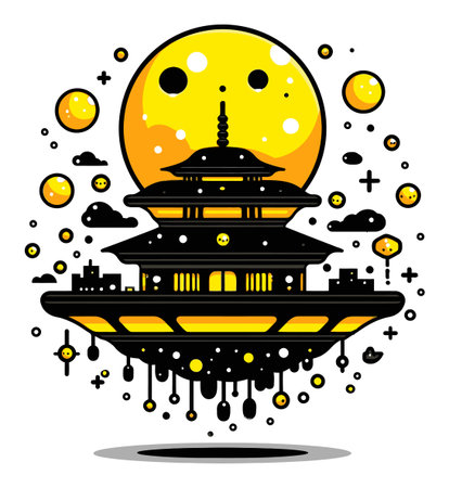 This whimsical digital illustration features a floating temple with vibrant yellow moons and celestial bodies, creating a mystical atmosphere in a creative, abstract style.のイラスト素材