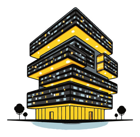 Eye-catching cartoon style modern building featuring bold black and yellow elements, showcasing intricate design. Ideal for contemporary architecture themes.のイラスト素材