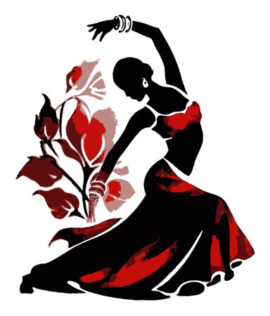 This artistic illustration depicts an elegant dancer silhouette in vibrant red and black, surrounded by a stunning floral design. A celebration of movement and grace.のイラスト素材