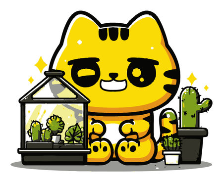 Adorable cartoon cat character joyfully surrounded by cacti and a greenhouse. Perfect for children's design, playful art, and cheerful decor themes.のイラスト素材