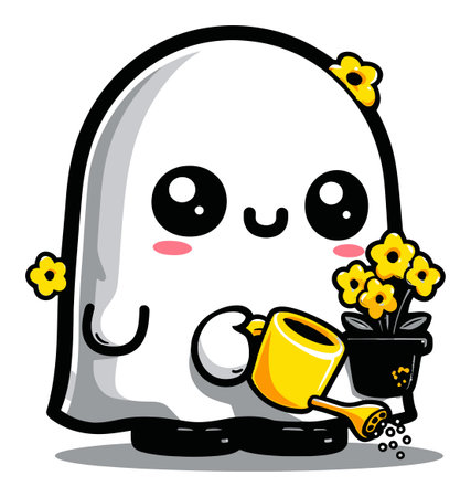 Adorable cartoon ghost happily watering flowers with a bright smile. This whimsical illustration captures a playful character in a cheerful gardening scene. Perfect for seasonal designs.のイラスト素材