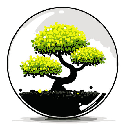 This illustration features a vibrant cartoon tree with lush green leaves, enclosed in a glass bubble. The design symbolizes nature, growth, and tranquility, perfect for various creative projects.のイラスト素材