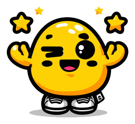 This adorable cartoon character features a cheerful expression, winking eye, and vibrant colors. Surrounded by stars, it radiates joy and playfulness. Perfect for designs emphasizing fun and happiness.のイラスト素材