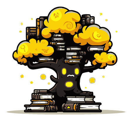 Colorful cartoon illustration of a whimsical tree character made from books, crowned with golden clouds, evoking a sense of magic, creativity, and knowledge.のイラスト素材