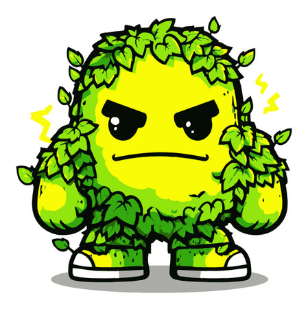 This cartoon character features a vibrant green figure covered in leaves, exuding an angry yet charming expression. Ideal for creative projects.のイラスト素材