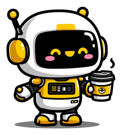 Adorable cartoon robot character happily holding a coffee cup. This cheerful illustration features vibrant colors and playful design elements perfect for various creative projects.のイラスト素材