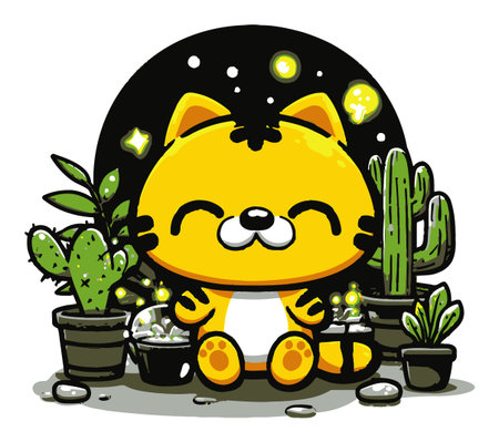 An adorable cartoon cat smiles joyfully while surrounded by lively potted cacti and enchanting lights, creating a whimsical garden atmosphere perfect for cheerful decor.のイラスト素材