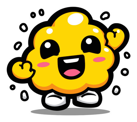 This illustration features a cheerful cartoon character with a bright yellow color, wide smile, and playful expression, perfect for kids' products or joyful themes.のイラスト素材