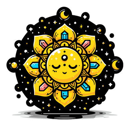 This playful cartoon design features a cheerful sunflower with crystals, surrounded by celestial elements like stars and moons, symbolizing joy and harmony.のイラスト素材
