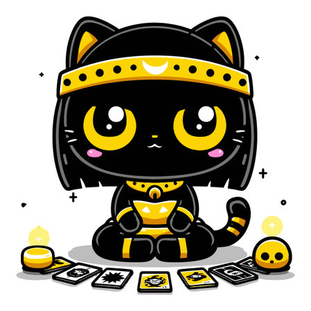 Adorable cartoon cat character with big eyes, wearing a headband and surrounded by tarot cards. Ideal for whimsical and magical themes. Perfect for kids' designs!のイラスト素材