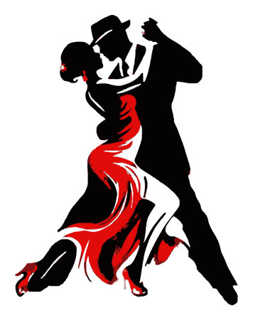 This elegant illustration captures a passionate dance between a couple in a striking silhouette. The red dress adds vibrancy and movement to the artwork.のイラスト素材