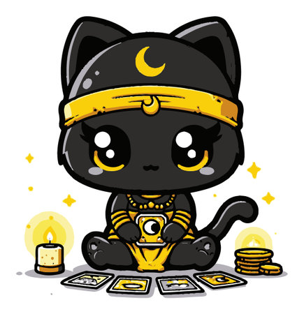 Adorable cartoon black cat reading tarot cards, adorned with moon symbols and golden details. Perfect for whimsical designs and mystical themes.のイラスト素材