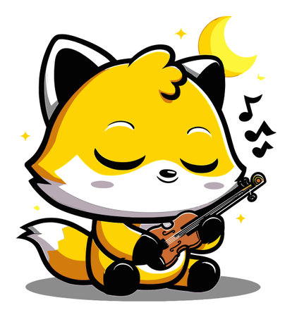Adorable cartoon fox joyfully plays a violin under a bright moonlight. This vibrant illustration features whimsical musical notes and a playful atmosphere.のイラスト素材