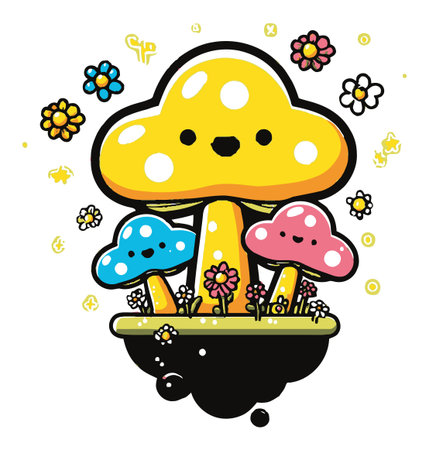 This charming illustration features cute cartoon mushrooms in bright colors, surrounded by cheerful flowers, perfect for adding whimsy to any space or project.のイラスト素材