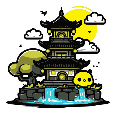 Adorable cartoon panda sitting by a vibrant pagoda, surrounded by trees and water. This cheerful illustration captures a playful and tranquil atmosphere in a colorful setting.のイラスト素材
