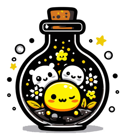 This charming illustration features cute cartoon characters inside a bottle, surrounded by flowers and stars. The playful design evokes joy and whimsy, perfect for uplifting themes.のイラスト素材