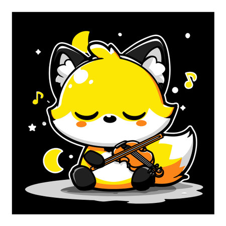 This charming cartoon illustration features an adorable yellow fox playing a violin under a starry night sky. With a peaceful expression, it captures the joy of music and creativity. Perfect for kids' designs!のイラスト素材