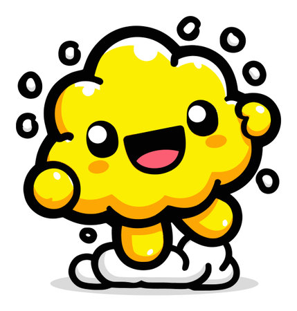 This vibrant cartoon character features a cheerful yellow cloud with a big smile, surrounded by playful bubbles, perfect for children's design and fun projects.のイラスト素材