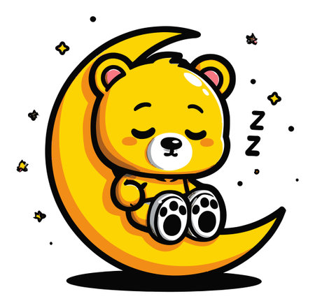 This charming cartoon features a cute bear sleeping on a crescent moon, surrounded by stars. Perfect for kids' themes and joyful artwork.のイラスト素材