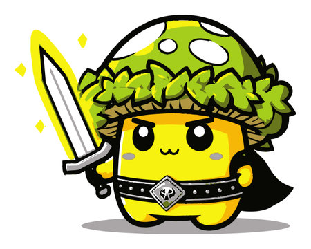 A charming cartoon character features a yellow body, green hat, and a sword, exuding a playful and adventurous spirit in a colorful design. Perfect for various creative projects.のイラスト素材