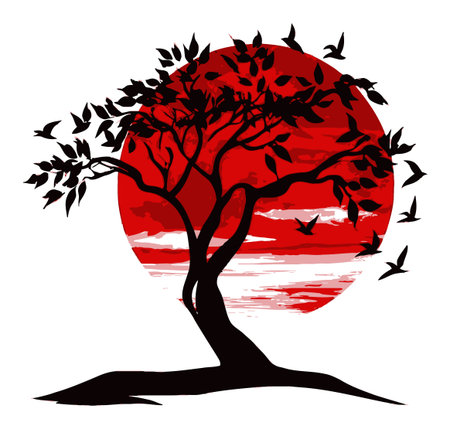 A striking illustration of a silhouetted tree set against a vibrant red sunset with birds in flight. This artwork captures the essence of natures tranquility and beauty.のイラスト素材