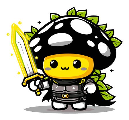 This adorable cartoon character features a playful design with a mushroom hat and a sword. It embodies fun and whimsy, perfect for adventure-themed projects.のイラスト素材