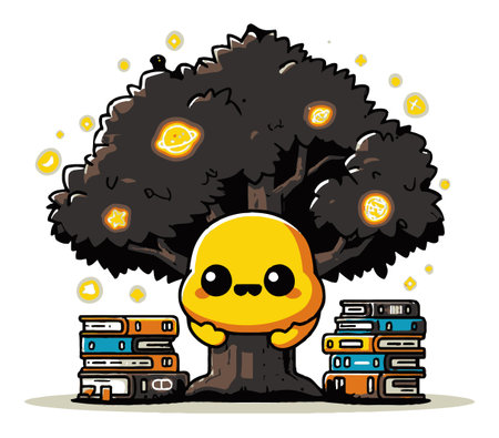 Delightful cartoon character sits under a magical tree surrounded by colorful books and glowing stars, evoking a whimsical sense of wonder and imagination.のイラスト素材