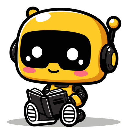 This colorful cartoon robot is immersed in a book, showcasing joy and curiosity. Perfect for themes of education, technology, and childhood imagination.のイラスト素材