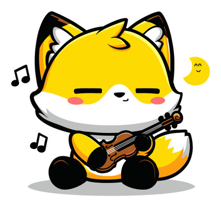 Adorable cartoon fox joyfully plays the violin, surrounded by musical notes and a cheerful moon, creating a whimsical and vibrant atmosphere. Perfect for childrens themes!のイラスト素材