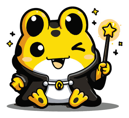 This charming cartoon frog character winks while holding a magic wand surrounded by sparkling stars, perfect for a playful and imaginative theme.のイラスト素材