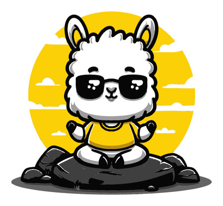 This whimsical cartoon features a cute llama wearing sunglasses and meditating on a rock, set against a vibrant yellow sunset. Perfect for fun designs!のイラスト素材