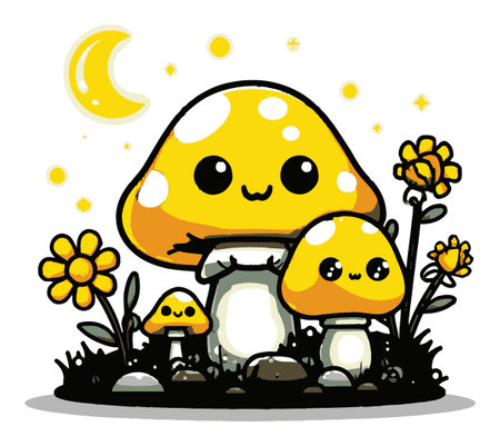 Delightful cartoon mushrooms with smiling faces amid blooming flowers and a crescent moon. Perfect for playful designs or nature-themed projects.のイラスト素材