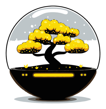 A vibrant cartoon-style snow globe featuring a delightful yellow tree. The design showcases creativity and whimsy, making it ideal for seasonal decor.のイラスト素材
