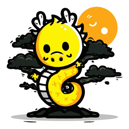 This vibrant cartoon illustration features a cute yellow dragon character, surrounded by playful clouds and a cheerful sun, radiating joy and creativity.のイラスト素材