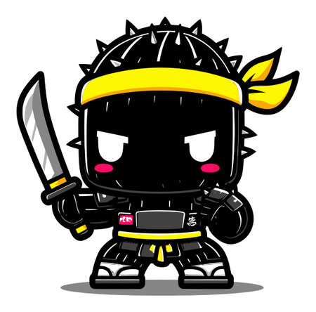 This adorable ninja character features spikes, a sword, and a vibrant headband. Ideal for animation, games, or playful designs, it combines fun and creativity.のイラスト素材