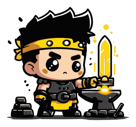 Adorable cartoon character stands confidently with a glowing sword beside an anvil. This vibrant illustration is perfect for gaming, adventure themes, and creative projects.のイラスト素材