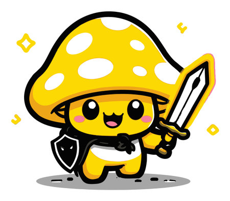 This adorable cartoon mushroom character wields a sword and shield, ready for adventure. Its bright colors and cheerful expression make it perfect for kids' illustrations and creative projects.のイラスト素材