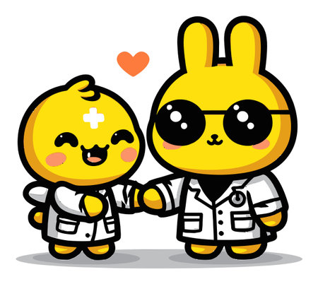 Delightful cartoon animals in white coats share a joyful handshake, symbolizing friendship and teamwork. Perfect for children's themes and healthcare concepts.のイラスト素材