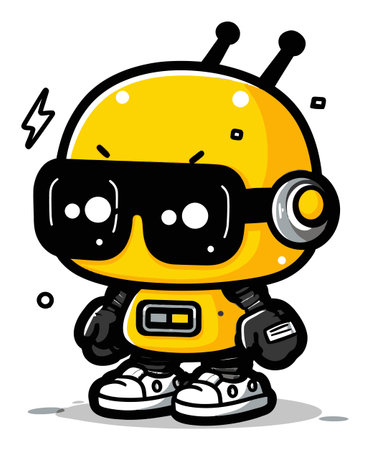 This charming cartoon robot character features a vibrant yellow design with stylish glasses and a cool outfit, perfect for playful, fun-themed projects.のイラスト素材