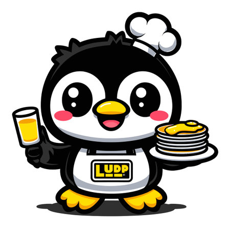 This adorable cartoon penguin chef is holding a plate of stacked pancakes and a glass of orange juice. Perfect for illustrations and food-related themes!のイラスト素材