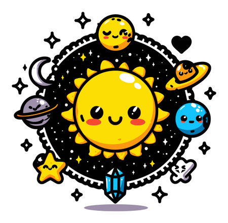 Whimsical cartoon sun surrounded by colorful planets and sparkling stars in a playful space design. Perfect for childrens themes or joyful illustrations.のイラスト素材