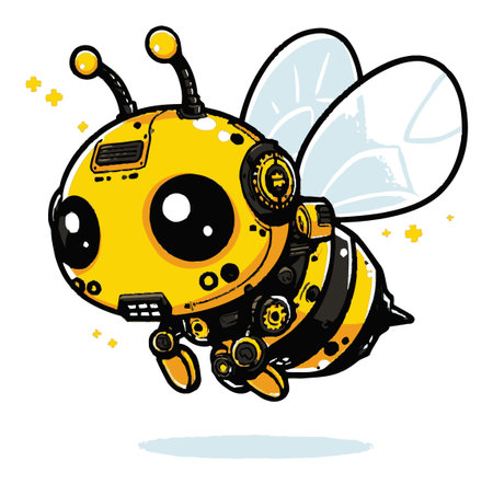 A fun cartoon robot bee, designed with cute features and adorned with gears, flying in a playful manner. Perfect for colorful illustrations and imaginative projects.のイラスト素材