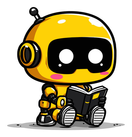 This charming cartoon robot, with big eyes and a cheerful smile, is deeply engaged in reading a book. Ideal for educational and children-related themes.のイラスト素材