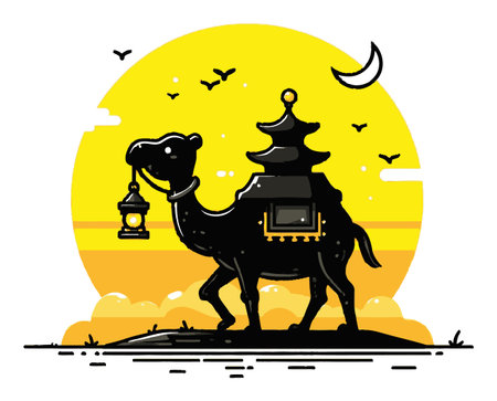 A stylized black camel carries a lantern and Asian pagoda against a vibrant sunrise. Perfect for travel and adventure themes, evoking cultural exploration.のイラスト素材
