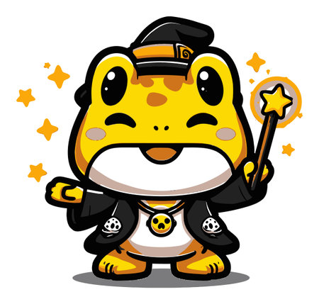 Adorable cartoon frog character dressed as a wizard, holding a magic wand and smiling. The vibrant colors and sparkles add to its whimsical charm, perfect for children's illustrations.のイラスト素材