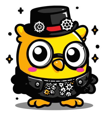 This adorable cartoon owl character features a top hat, glasses, and gear decorations, bringing a playful and charming touch to any project.のイラスト素材